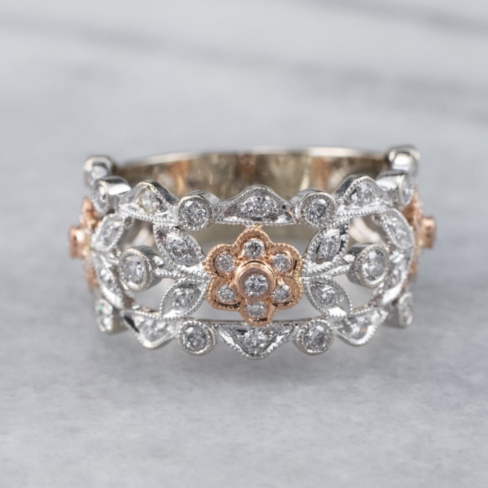 Market Square Jewelers TWO TONE 14k White Gold FLORAL DIAMOND COCKTAIL BAND